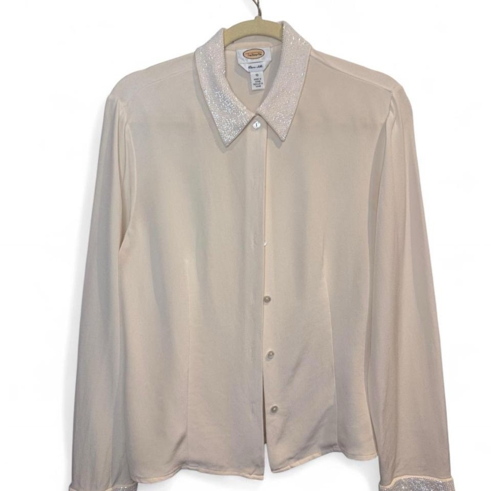 Talbots Pure Silk Cream Blouse with Beaded Collar & Cuffs quiet luxury fancy - Picture 2 of 8